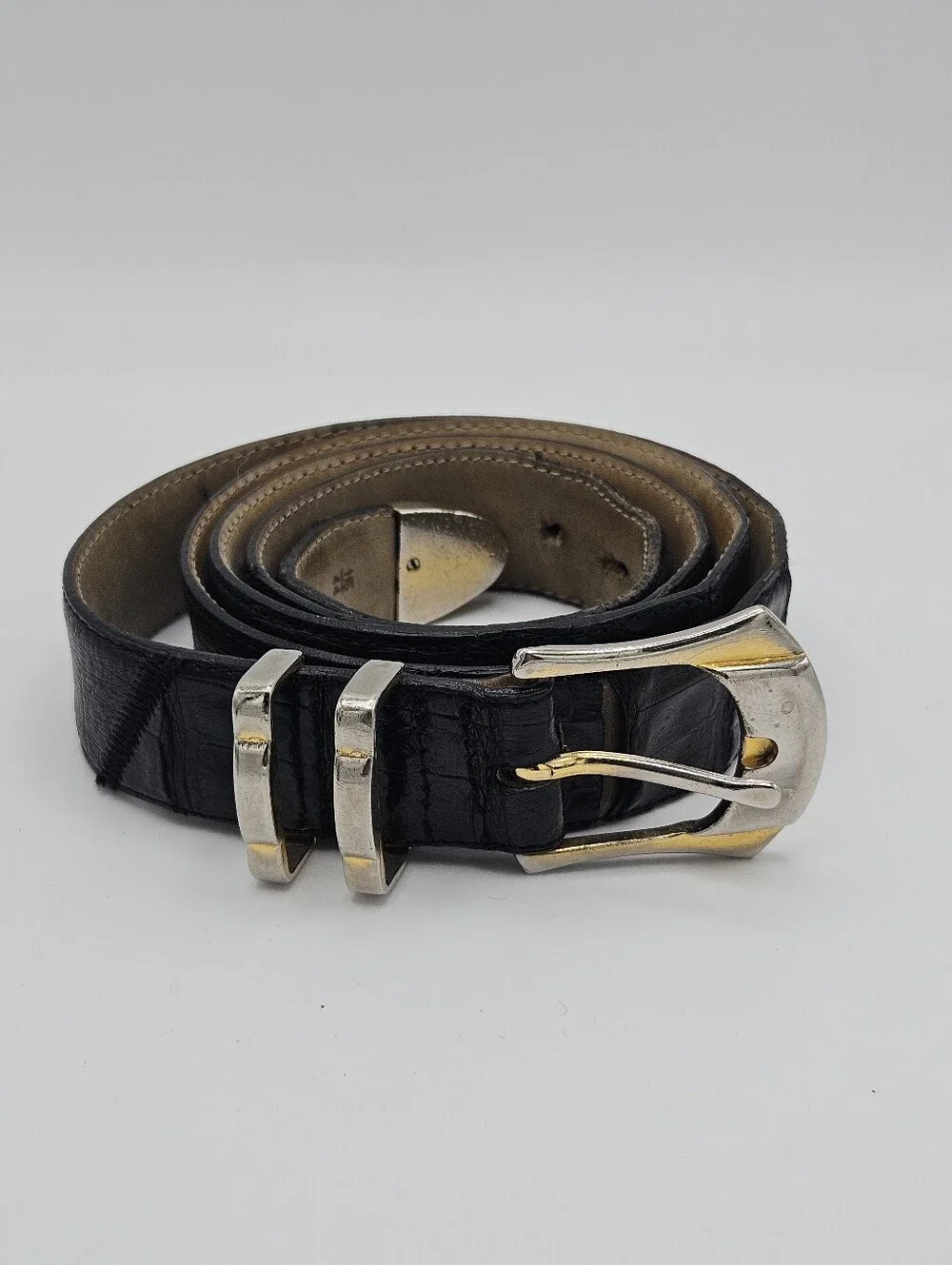 Cuzzens vintage black exotic leather belt size 44 ostrich lizard crocodile FLAW